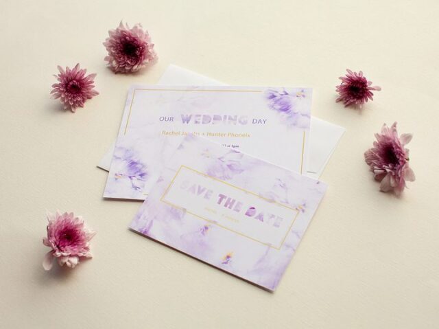 Paperlust wedding invitation suite with lavender and gold save the date card and wedding day card