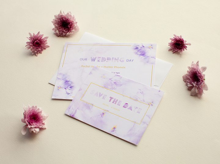 Paperlust wedding invitation suite with lavender and gold save the date card and wedding day card