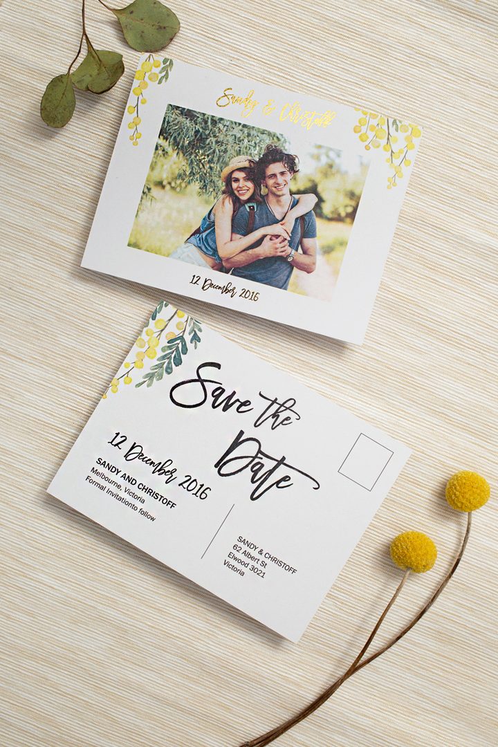Paperlust golden native save the date postcard with couple photo and botanical watercolour