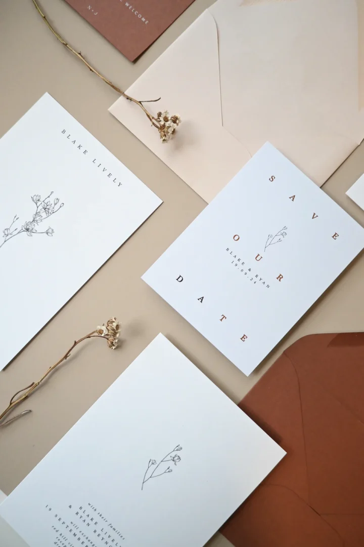 Paperlust earthy botanical save the date and invitation suite flat lay