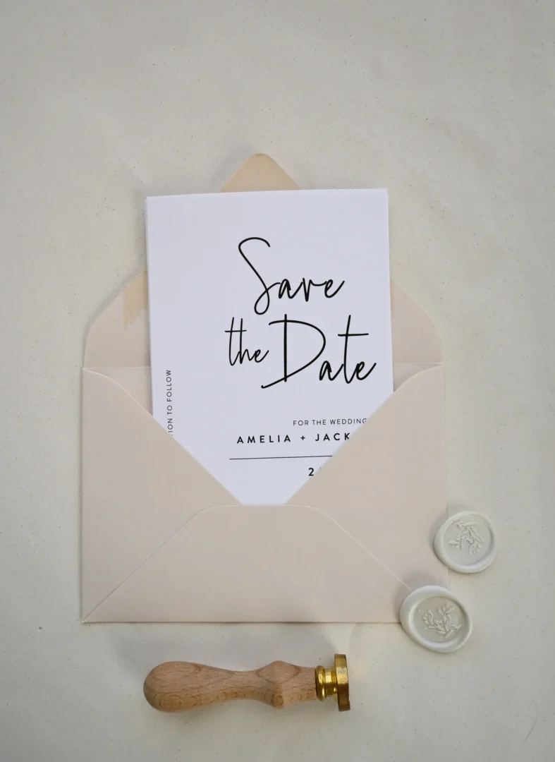 Paperlust minimal save the date card with blush envelope and wax seals