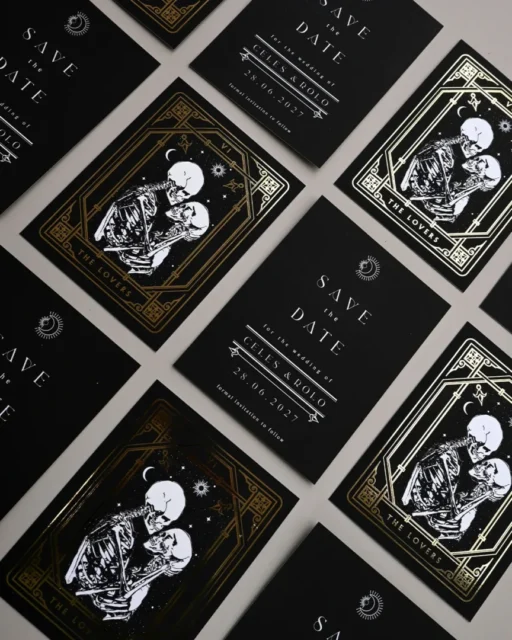 Paperlust dark gothic save the date cards with gold foil