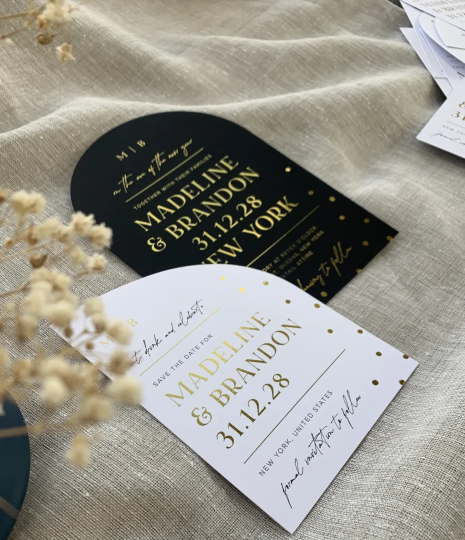Paperlust black and white save the date wedding suite with gold foil