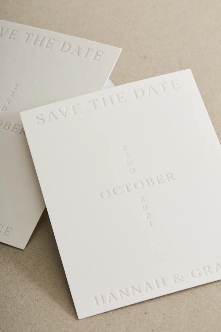 Paperlust blind embossed save the date card detail shot