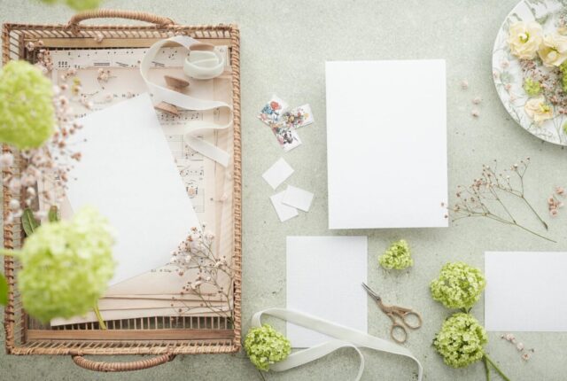 Beautifully styled wedding invitation flatlay featuring a vellum belly band with wax seal and botanical design on neutral linen surface, rep