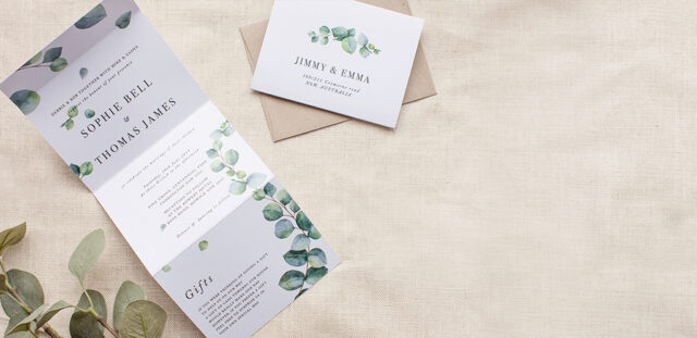 Paperlust open gatefold wedding invitation with watercolour eucalyptus botanical design