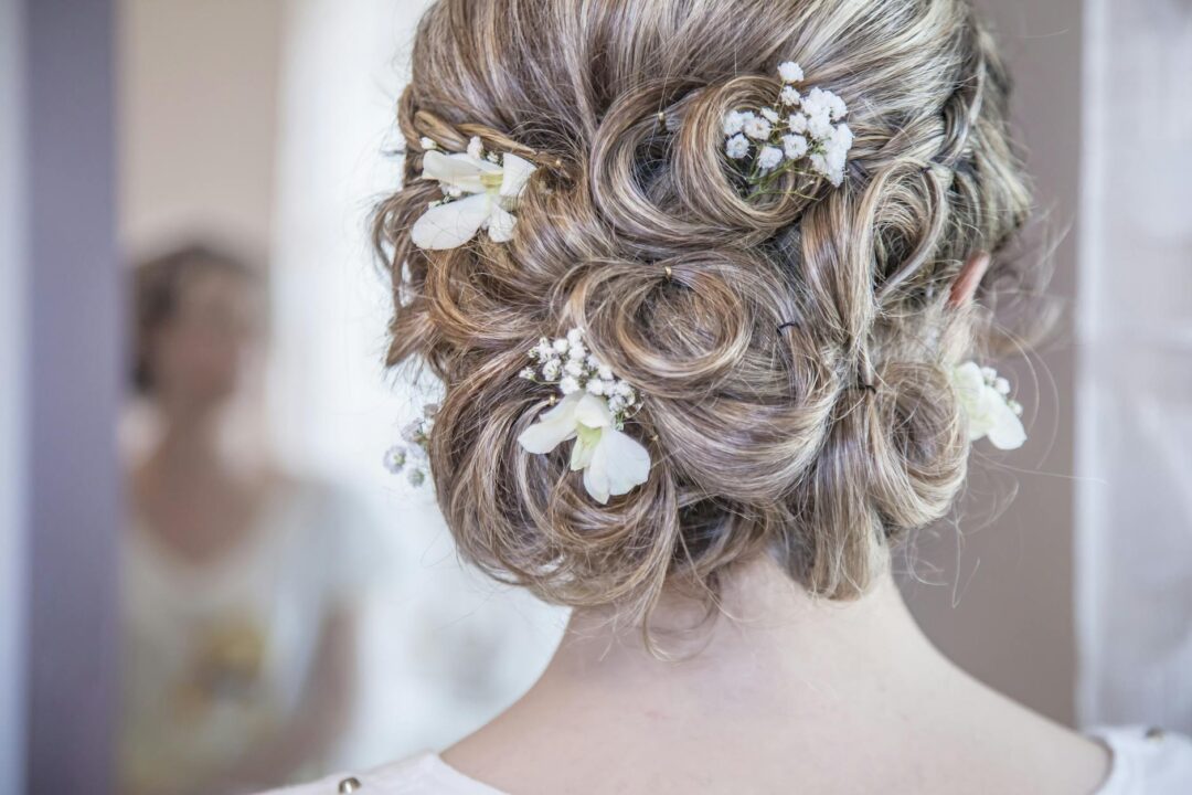 Bride with an elegant low chignon at the nape, soft face-framing tendrils, and a cathedral veil secured just above the bun, photographed fro