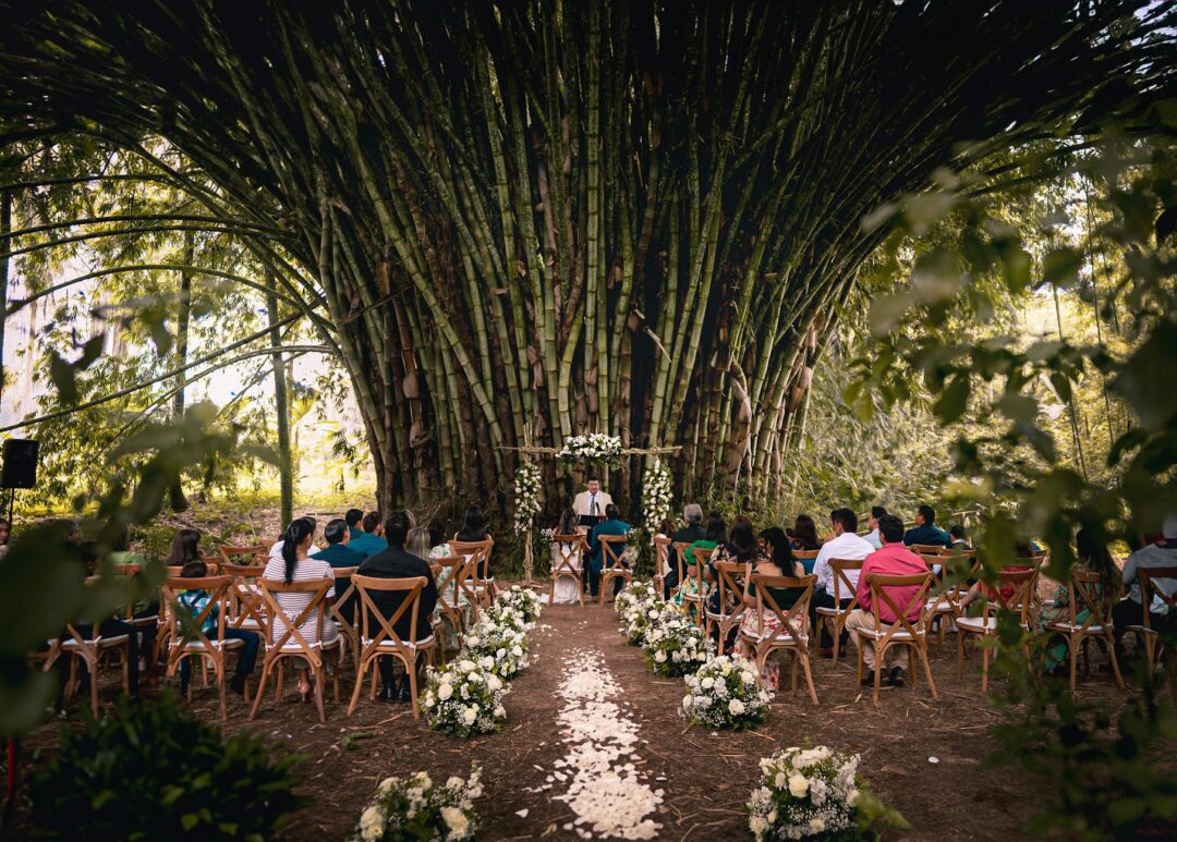 elegant wedding ceremony aisle with seated guests, flower arrangements lining the path, sunlight coming through windows