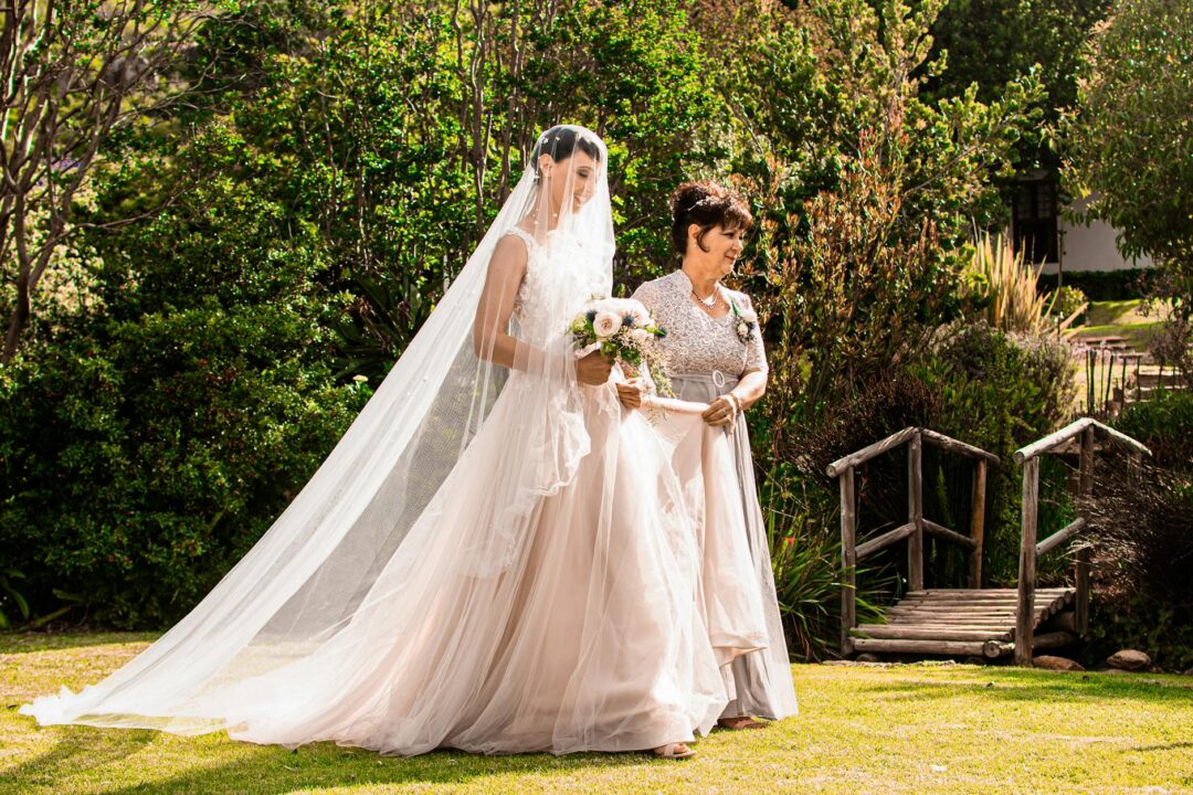 Mother of the bride in a dusty rose gown holding champagne and speaking into a microphone at an elegant reception, guests smiling and listen