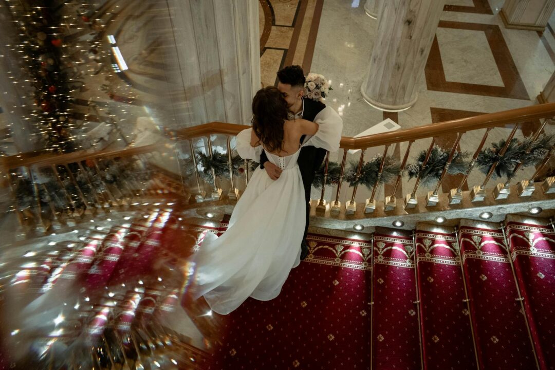 Historic Manhattan mansion staircase decorated for wedding