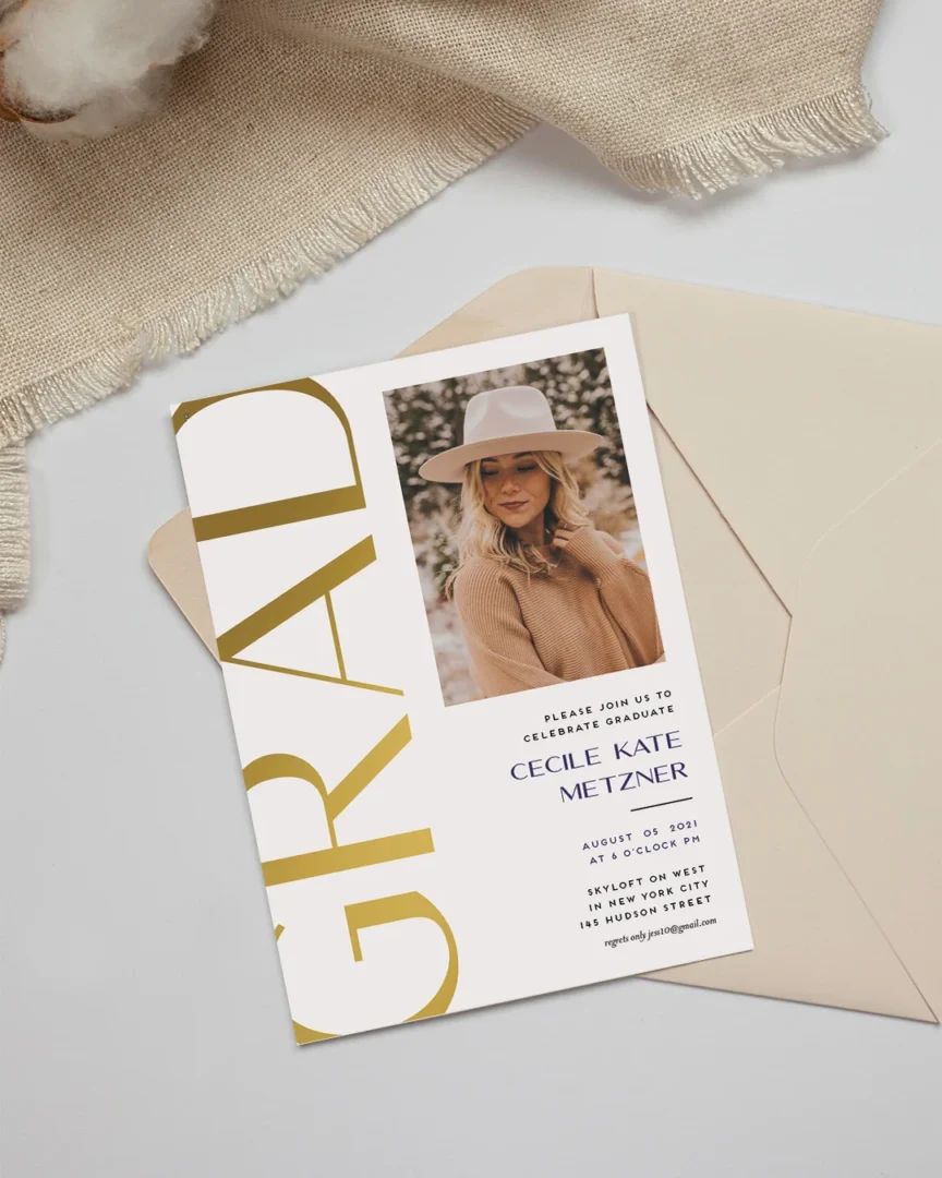 Formal graduation invitation with gold foil typography and portrait photo