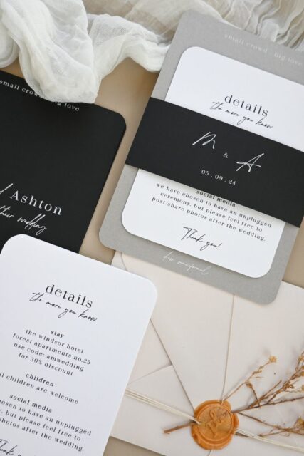 Paperlust invitation, Beautifully styled wedding stationery suite flatlay featuring black