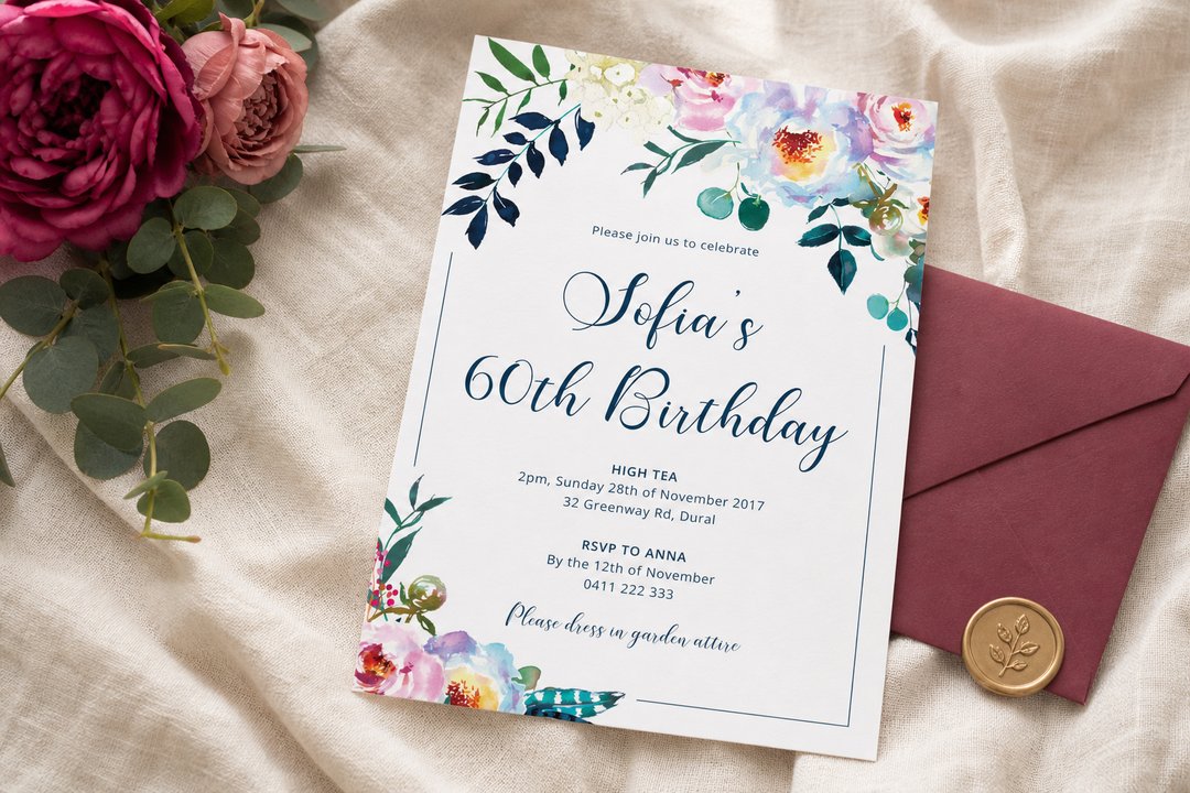 Floral Bouquet 60th birthday invitation by Paperlust