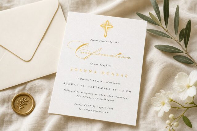 Gold Testament Catholic confirmation invitation by Paperlust
