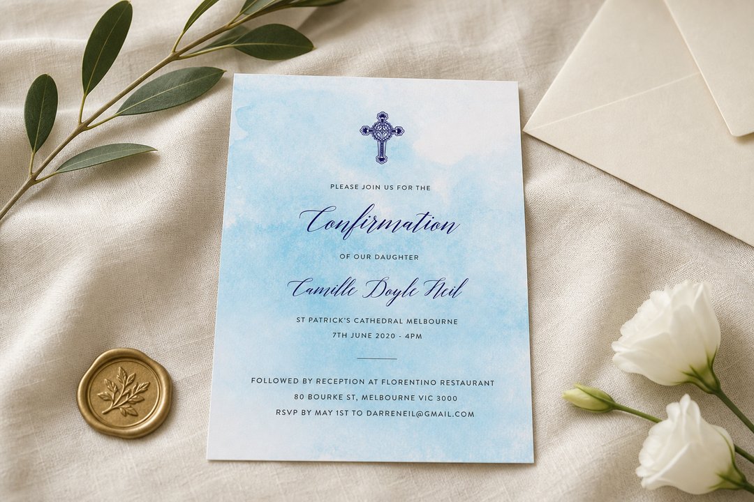 Shades of Blue Catholic confirmation invitation by Paperlust