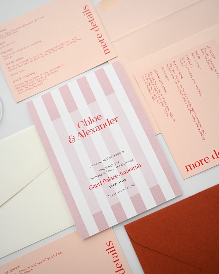 Paperlust invitation, Pink striped suite