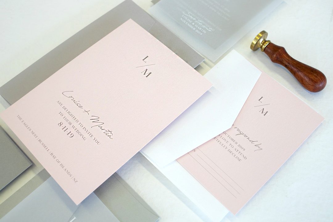 Paperlust invitation, Minimalist blush/grey suite