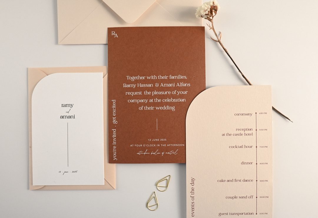 Paperlust invitation, Beautifully styled wedding suite flatlay featuring a terracotta main invitation