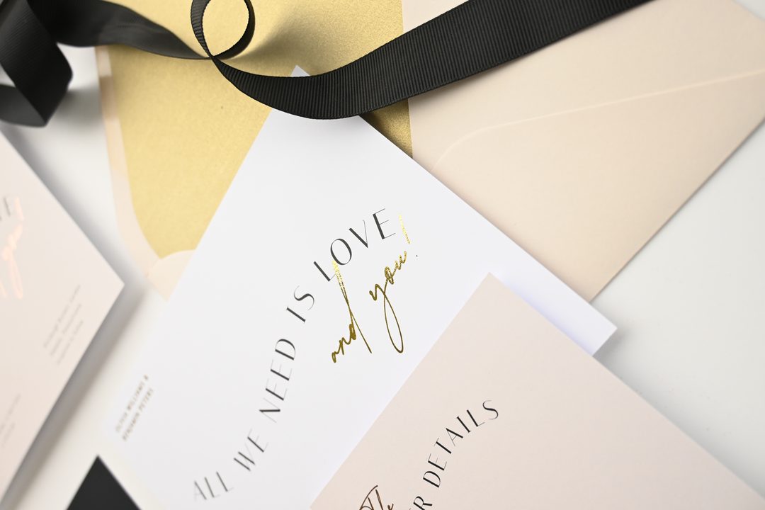 Paperlust invitation, Elegant suite display featuring gold foil script