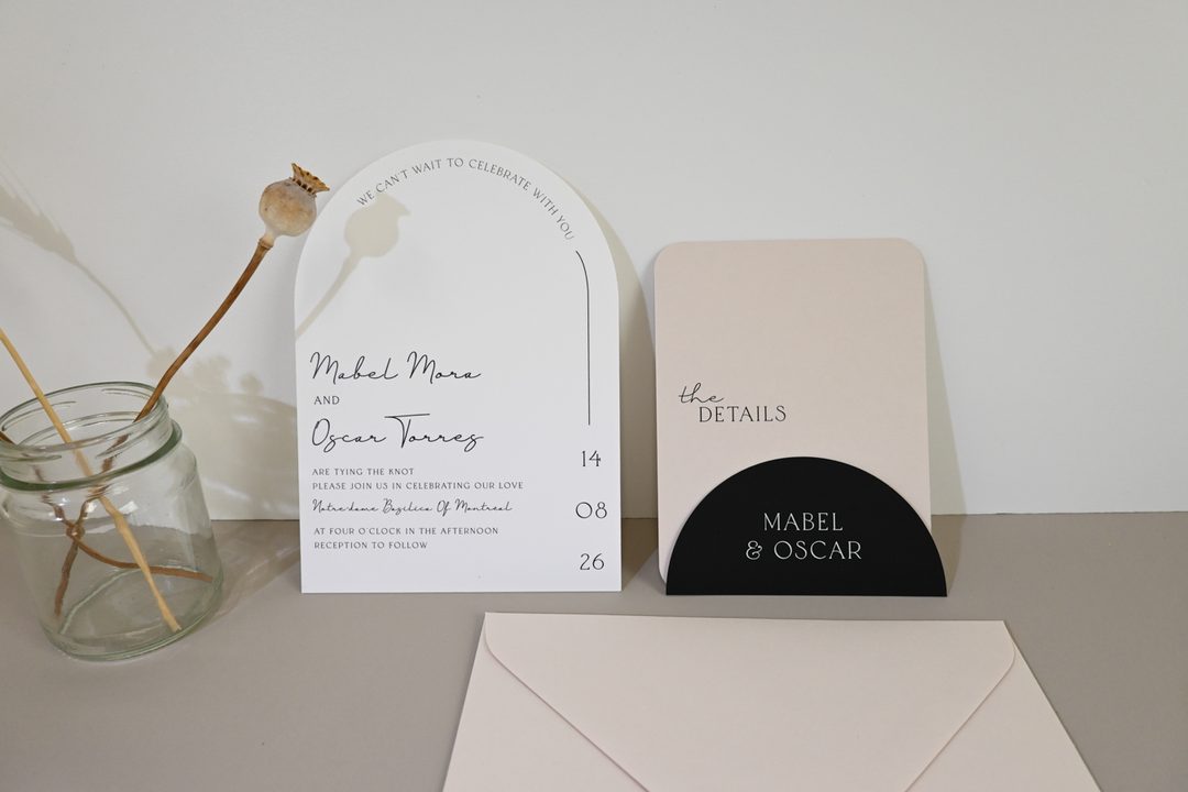 Paperlust invitation, Beautifully styled arch-shaped wedding invitation suite featuring a main invitation