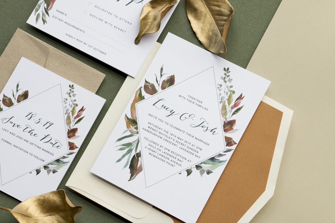 Paperlust invitation, Beautifully styled wedding stationery suite with botanical watercolor elements and gold leaf props. Contains Australian identifiers including Lavender Bay