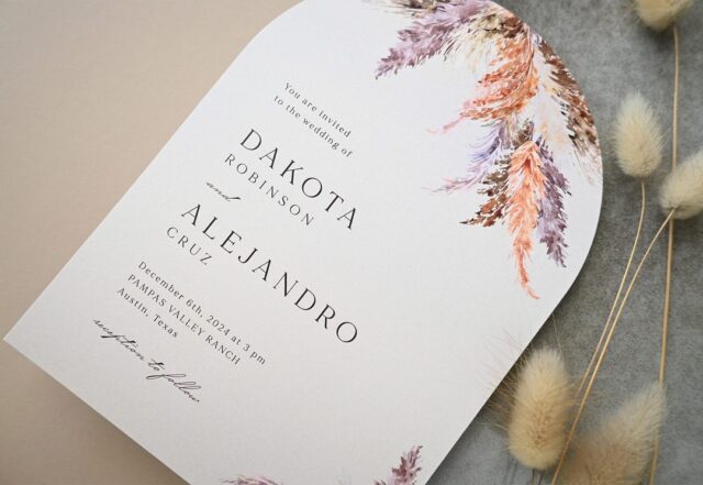Paperlust invitation, Beautifully styled wedding invitation featuring pampas grass watercolor illustrations with dried bunny tail props. The invitation shows a US location (Austin