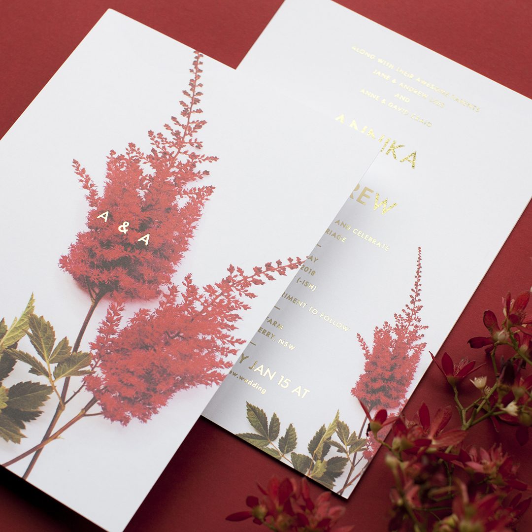 Paperlust invitation, Blooming red astilbe botanical invite