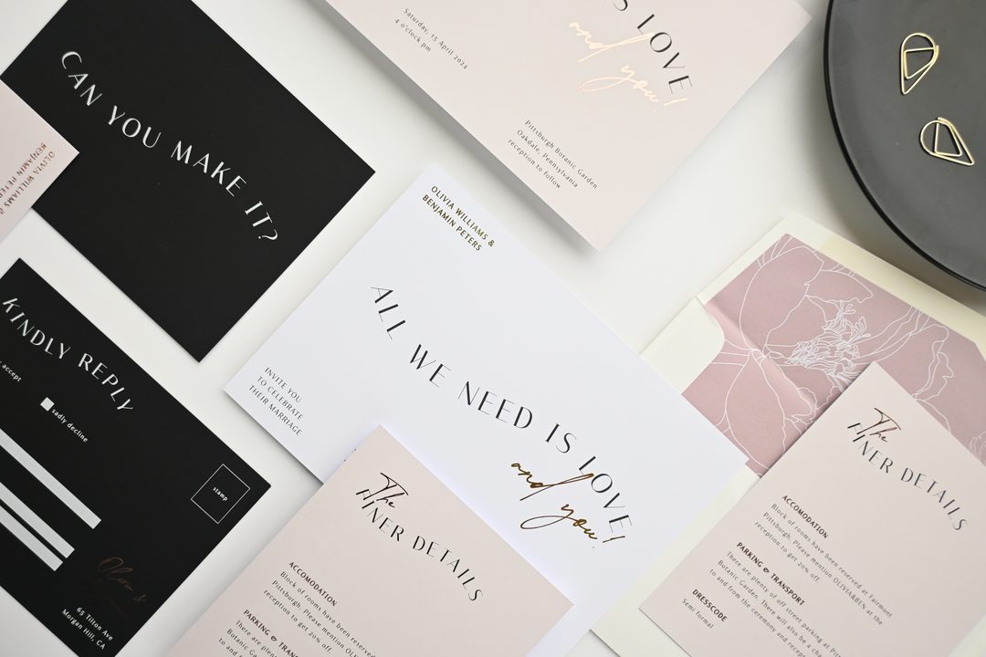Paperlust invitation, Beautifully styled wedding suite flatlay featuring blush pink