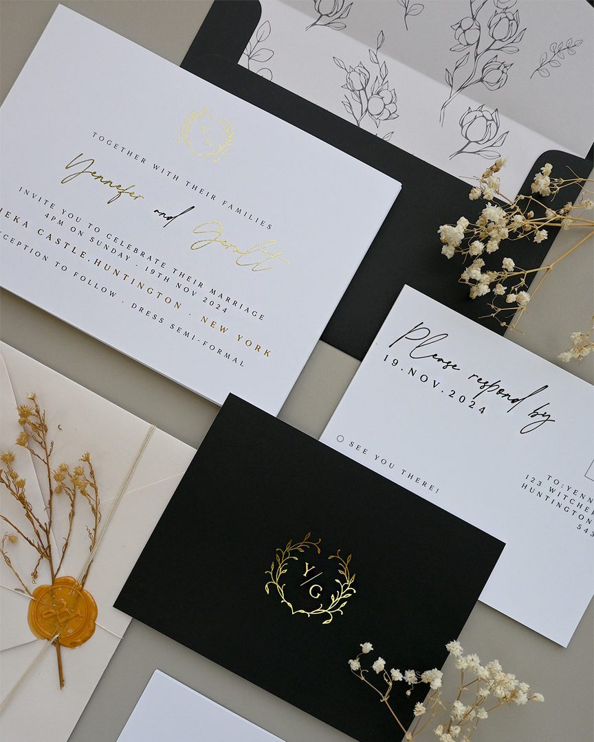Paperlust invitation, Stunning black and gold wedding suite flatlay featuring invitation