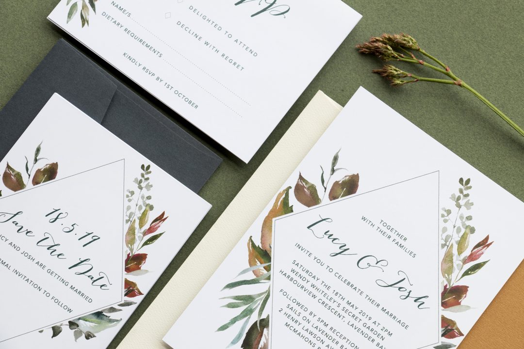 Paperlust invitation, Beautiful suite display featuring botanical watercolor wedding stationery for Lucy & Josh. Australian venue names visible (Wendy Whiteley's Secret Garden