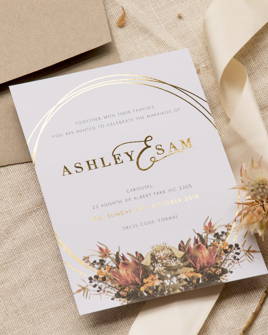 Paperlust invitation, Beautifully styled wedding invitation with gold foil details and native Australian floral elements. Contains Australian address (Albert Park VIC 3205) making it unsuitable for US blog use.