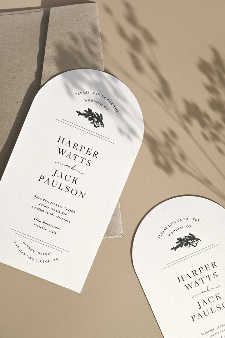 Paperlust invitation, Beautifully styled arch-shaped wedding invitations with elegant typography