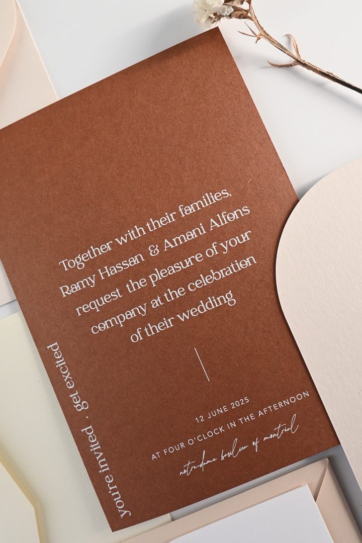 Paperlust invitation, Beautifully styled terracotta/rust-toned wedding invitation with modern typography