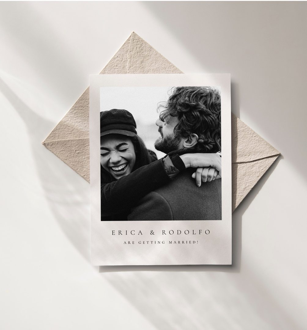 Paperlust invitation, Beautifully styled save-the-date card featuring a black and white couple photo with elegant typography