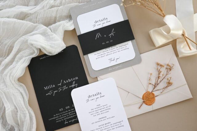 Paperlust invitation, Beautifully styled wedding suite flatlay featuring black and white stationery with elegant typography