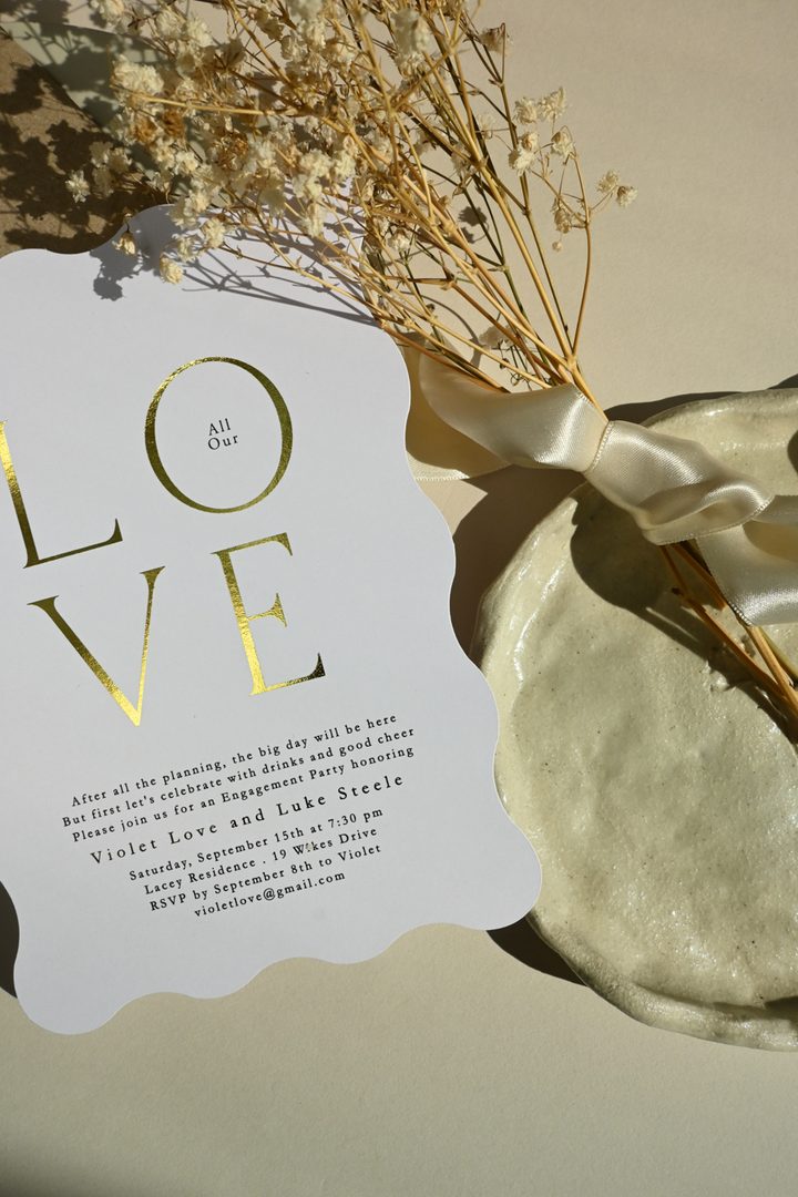 Paperlust invitation, Beautifully styled engagement party invitation with gold foil lettering