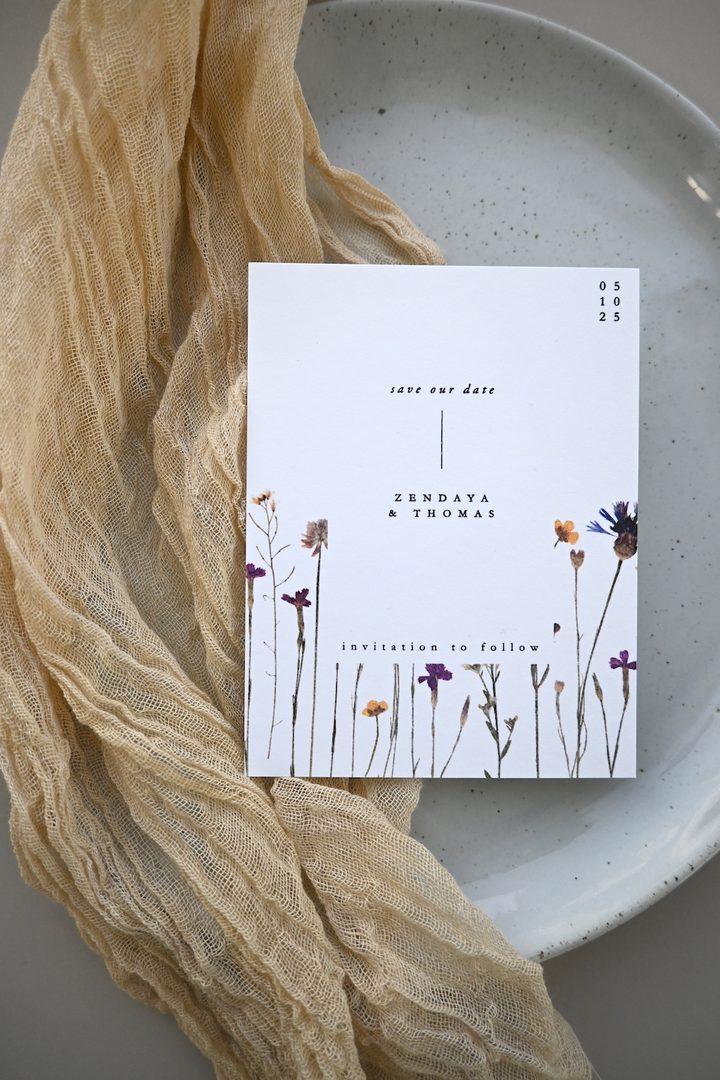 Paperlust invitation, Beautifully styled save-the-date card with pressed wildflower design