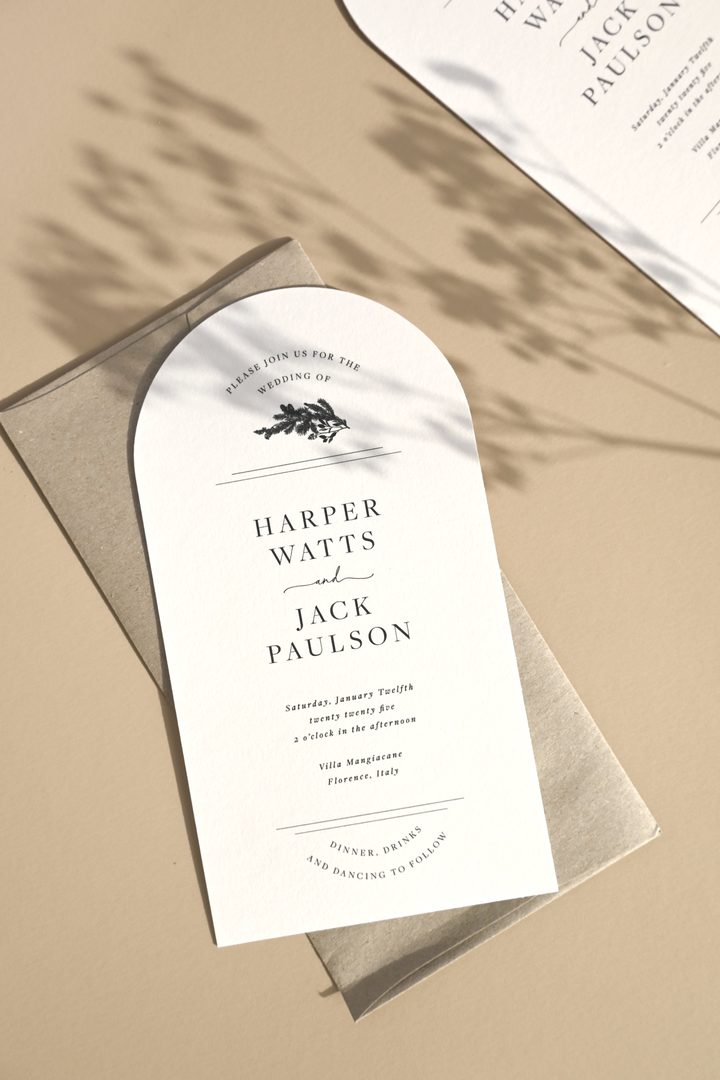 Paperlust invitation, Beautifully styled arch-shaped wedding invitation with elegant typography