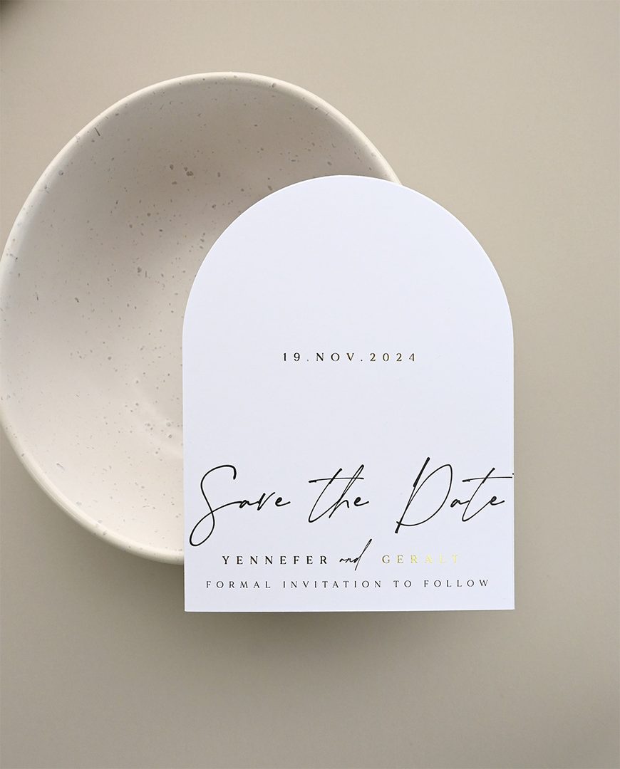 Paperlust invitation, Elegant arch-shaped save the date card with minimalist typography and gold foil accents