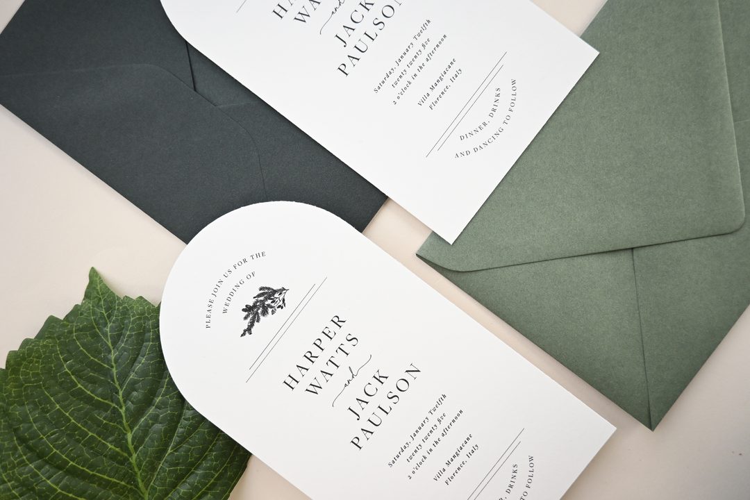 Paperlust invitation, Beautifully styled wedding invitation suite featuring arch-shaped cards with elegant typography