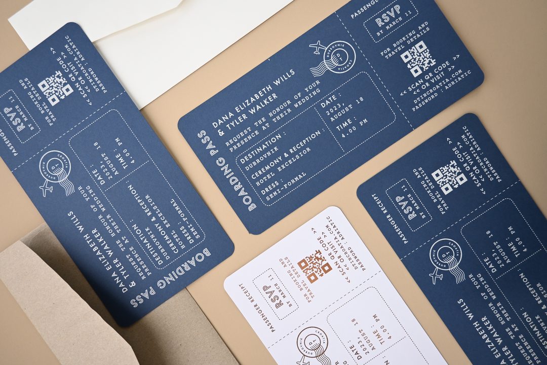 Paperlust invitation, Beautifully styled navy and gold boarding pass wedding invitation suite with travel theme