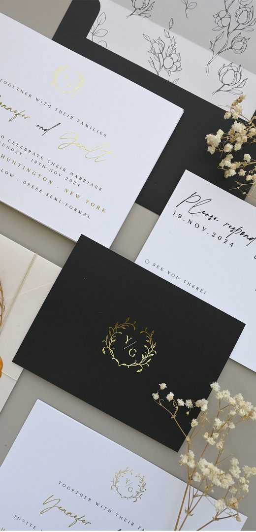 Paperlust invitation, Elegant black and white wedding suite flatlay with gold foil monogram details