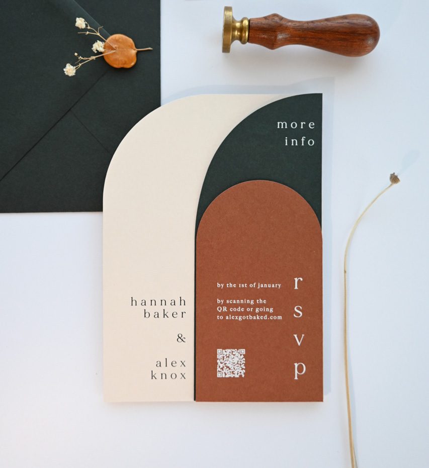 Paperlust invitation, Beautifully styled modern wedding stationery suite with arch-shaped invitation and RSVP card in a sophisticated earthy color palette of cream