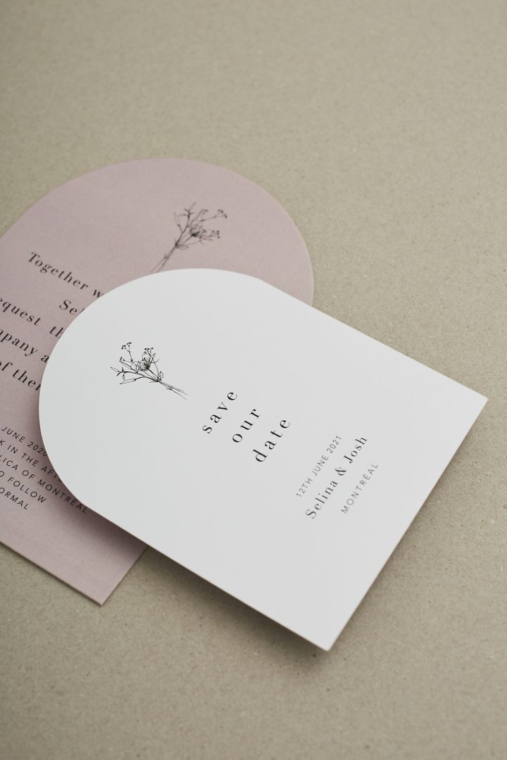 Paperlust invitation, Beautifully styled save-the-date and invitation suite with arch-shaped die-cut cards in blush and white