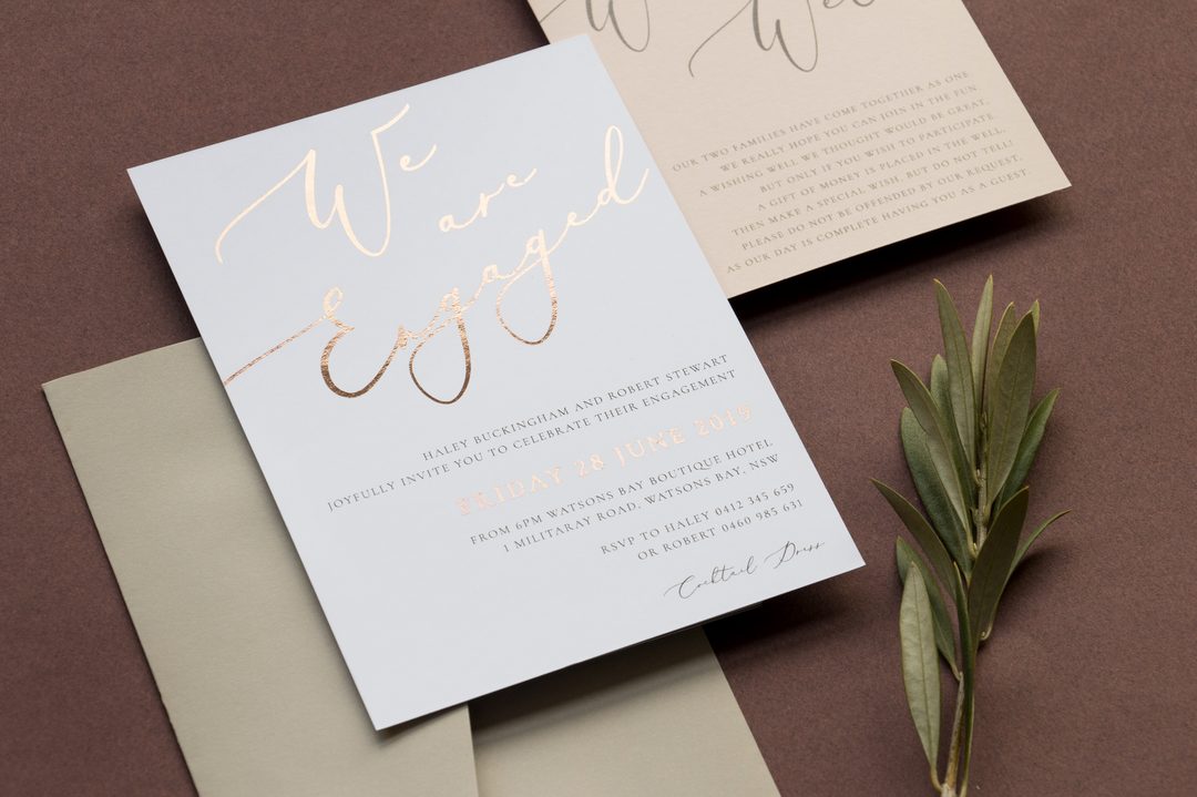 Paperlust invitation, Beautifully styled engagement invitation suite with rose gold foil lettering. Contains Australian identifiers including NSW