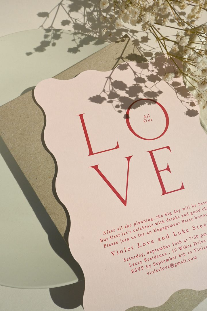 Paperlust invitation, Beautifully styled engagement party invitation with scalloped edges
