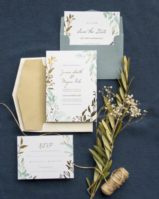 Paperlust invitation, Beautifully styled wedding stationery suite flatlay with botanical watercolor design