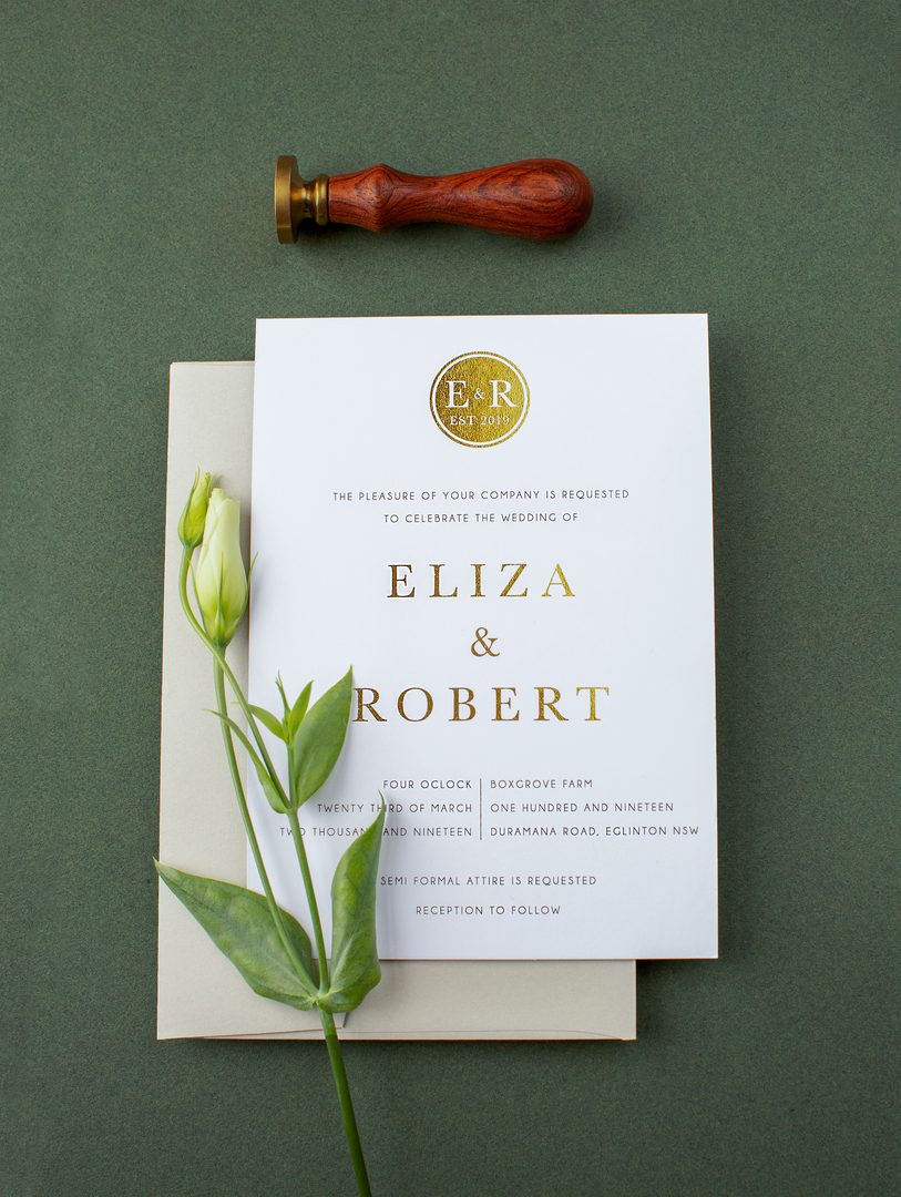 Paperlust invitation, Gold foil crest monogram