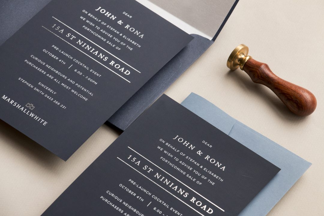 Paperlust invitation, Beautifully styled dark navy stationery suite with white typography