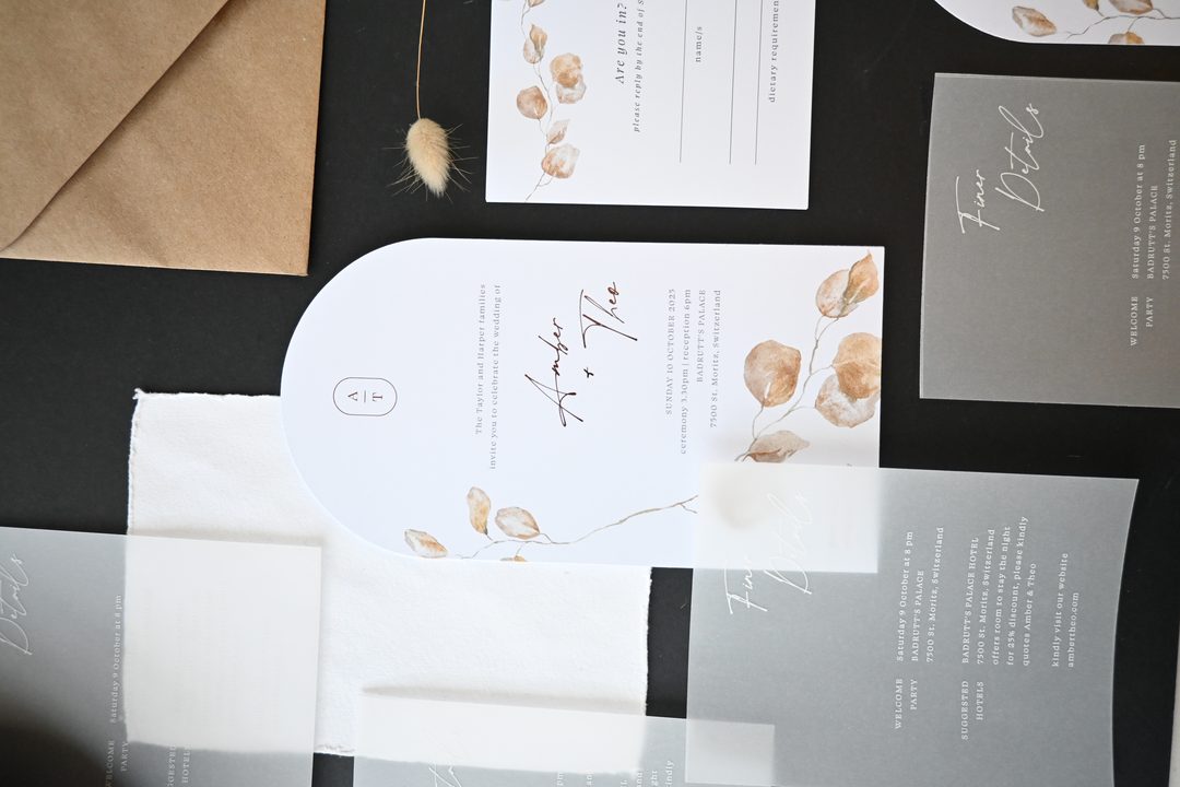 Paperlust invitation, Beautifully styled wedding stationery suite flatlay featuring elegant botanical watercolor designs with dried eucalyptus leaves